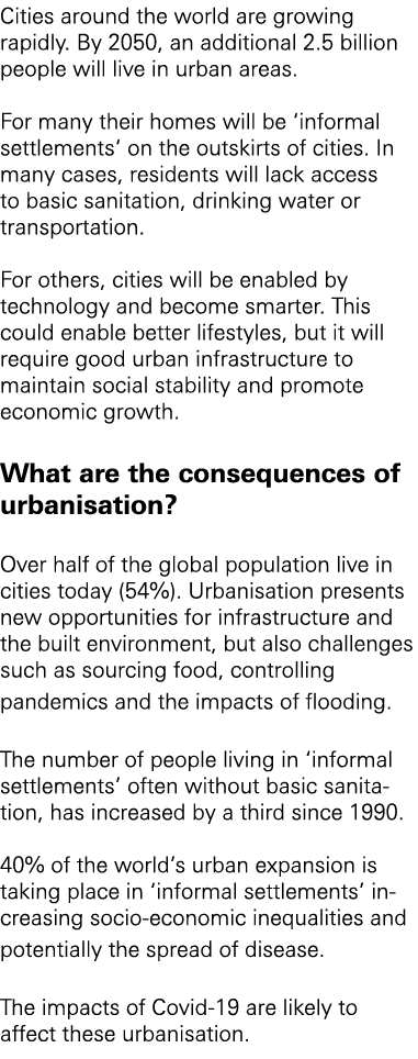 Cities around the world are growing rapidly. By 2050, an additional 2.5 billion people will live in urban areas. For ...